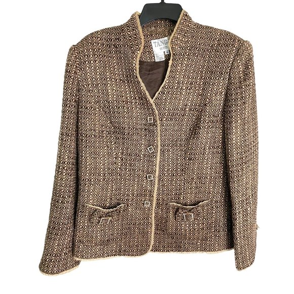 Tango Suits Womens Brown and Tan Tweed Jacket with Rhinestone Buttons Size 14 - Picture 2 of 11